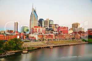 Downtown Nashville cityscape in the evening