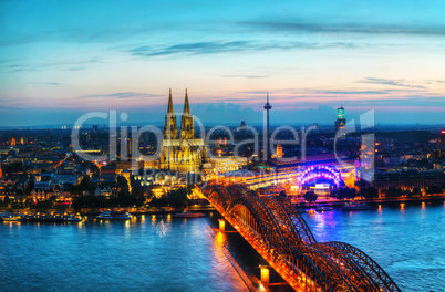 Cologne panoramic aerial overview after sunset
