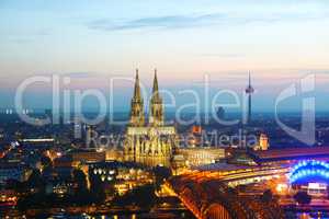 Cologne aerial overview after sunset