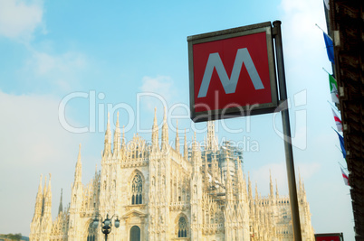 Metro sign at the Duomo square in Milan