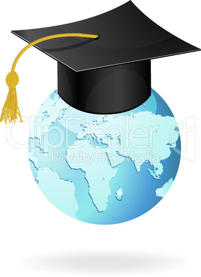 The graduation cap and globe icon. Mortar board and world vector isolated on white.