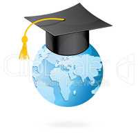 The graduation cap and globe icon. Mortar board and world vector isolated on white.