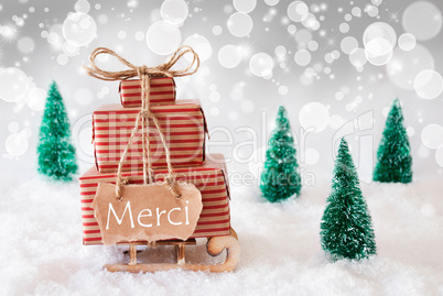 Christmas Sleigh On White Background, Merci Means Thank You