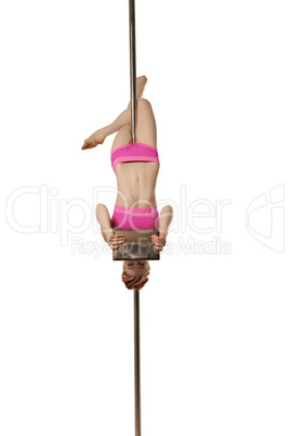 Woman working with tablet while hanging on pylon
