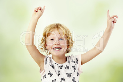 Girl pointing with both hands up