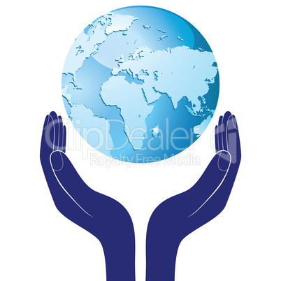 Hands holding a blue earth vector hope illustration. Save planet concept.
