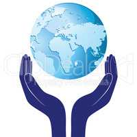 Hands holding a blue earth vector hope illustration. Save planet concept.