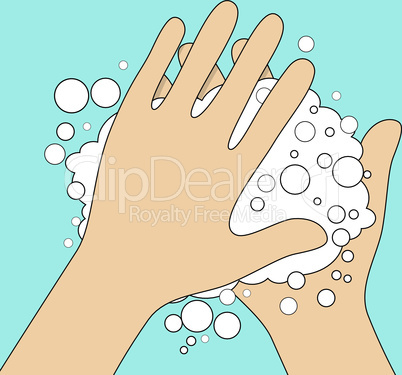 Hand washing under clean water foam health care vector illustration. Medical concept.