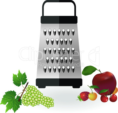 Grater metallic icon vector and fruits apple, strawberry, cherry, grapes illustration. Kitchen equipment steel food cut accessory isolated on white.