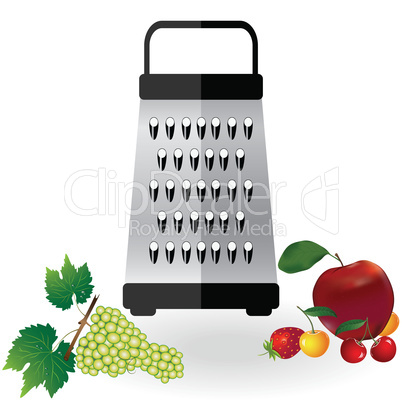 Grater metallic icon vector and fruits apple, strawberry, cherry, grapes illustration. Kitchen equipment steel food cut accessory isolated on white.