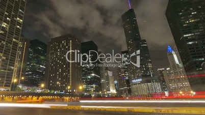Chicago Skyscrapers at Night with Traffic Crossing the City