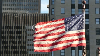 Cinematic United States Flag Waving on Chicago at Sunset