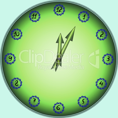 Flower Clock. Floral ornament in the form of a clock face with hands, pale green background.