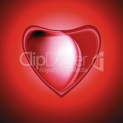 Icon hearts. Metal volume red heart with highlights on a red background