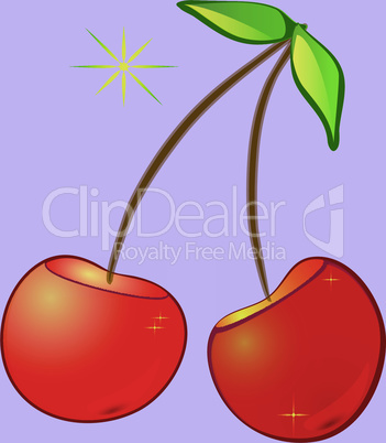 Icon cherries. Bulk cherries with glare and stars on a purple background
