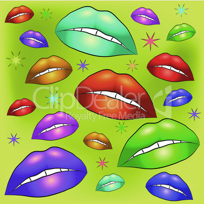 Kiss, female lips and teeth. Multi-colored lipstick on the lips volume with white teeth on a gold background