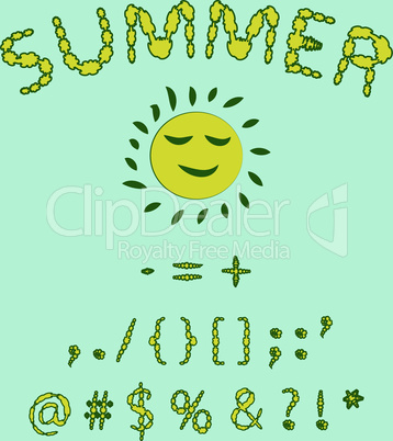 Floral summer font. Red and yellow colors of the font, punctuation, symbols