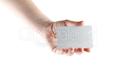 Business card in hand on white background