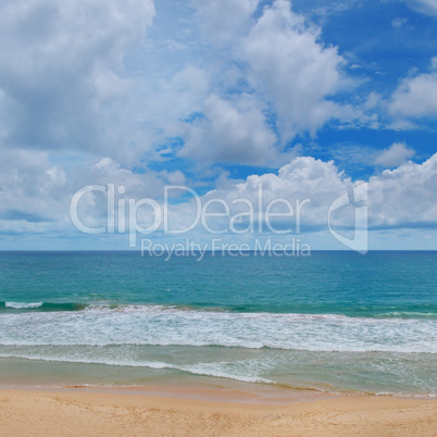 ocean, sandy beach and blue sky