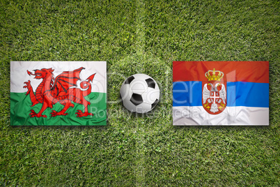 Wales vs. Serbia flags on soccer field