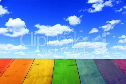 multicolored bright stand from wooden boards and sky