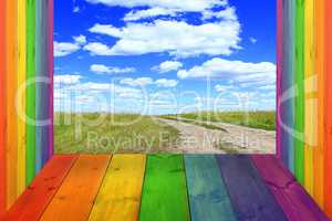 multicolored bright stand from wooden boards and sky