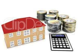 House with calculator and coins