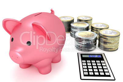 Piggy bank with calculator and coins