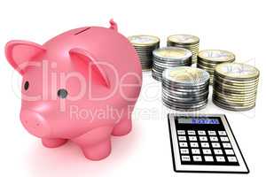 Piggy bank with calculator and coins