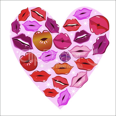 Vector lip heart, print valentine kiss, romantic background. Design element.