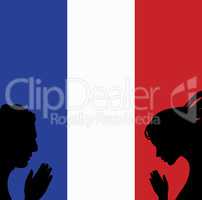 France national flag. People man and woman hands pray for Nice. World support for France. Nice terror attack on 14 July 2016. Vector illustration