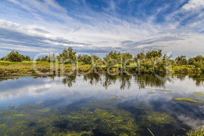 Bright summer lake witk sky and clouds reflection