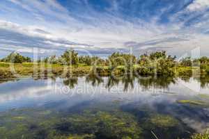 Bright summer lake witk sky and clouds reflection
