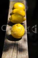Lemons line over a wood  terracce in a sunny day