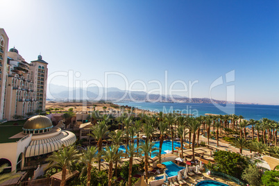 Panoramic view on the central beach of Eilat .