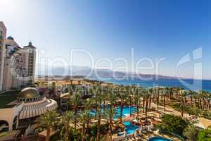 Panoramic view on the central beach of Eilat .