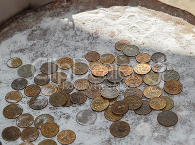 Coins in the flour in the balance. Rubles and kopecks.