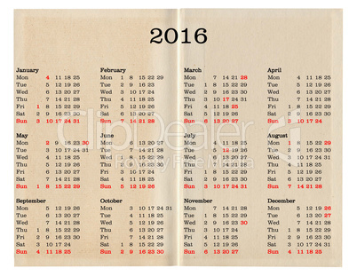 Year 2016 calendar - United Kingdom