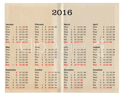 Year 2016 calendar - United States of America