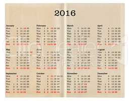 Year 2016 calendar - United States of America