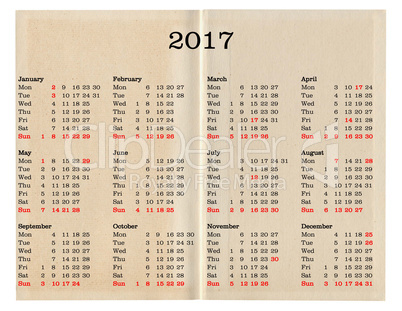 Year 2017 calendar - United Kingdom