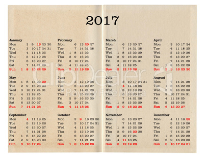 Year 2017 calendar - United States of America
