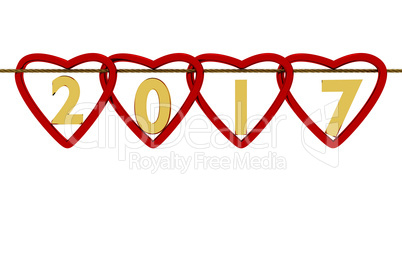 Heart with year 2017 hanging on the rope, 3d illustration