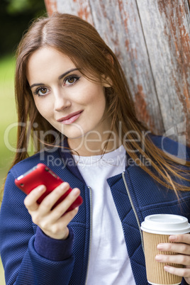 Beautiful Young Woman Girl Texting Drinking Coffee