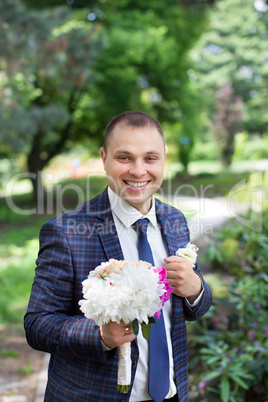 Funny bride with bouquet in hands