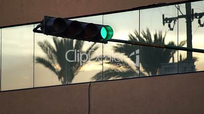 Green Traffic Light and Palm Tree Reflection