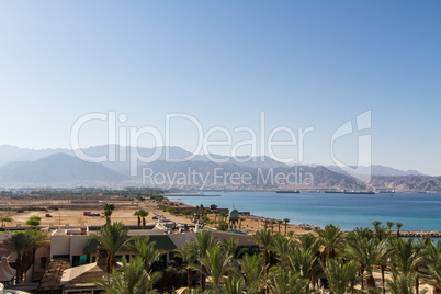 Panoramic view on Aqaba from central beach of Eilat .