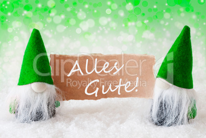 Green Natural Gnomes With Card, Alles Gute Means Best Wishes