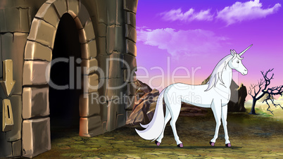 White Unicorn Near the Magic Castle