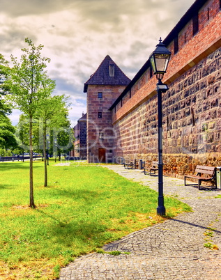 Wall and tower of the fortification in old town, Nuremberg, Germany
